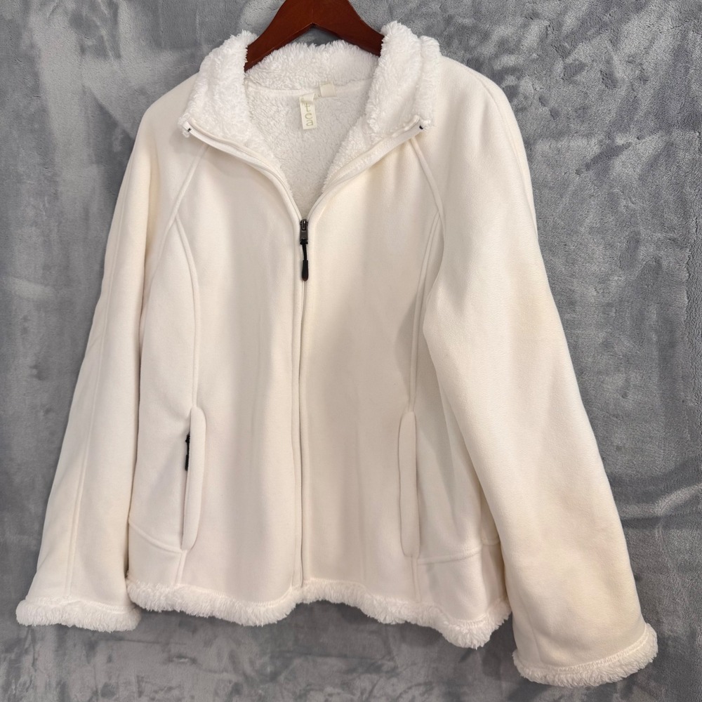 Green Tea Fleece Jacket Women XL Ivory Long Sleeve Faux Fur Lined Warm Cozyn PKT
